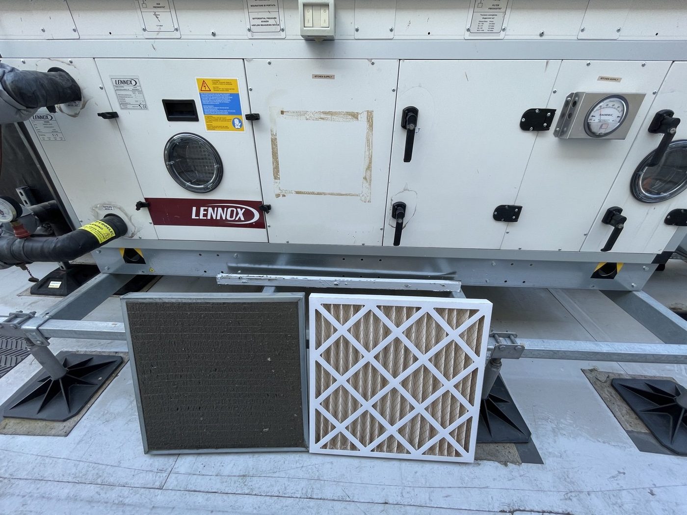 Lennox AHU filter replacement — dirty vs clean pleated filter comparison