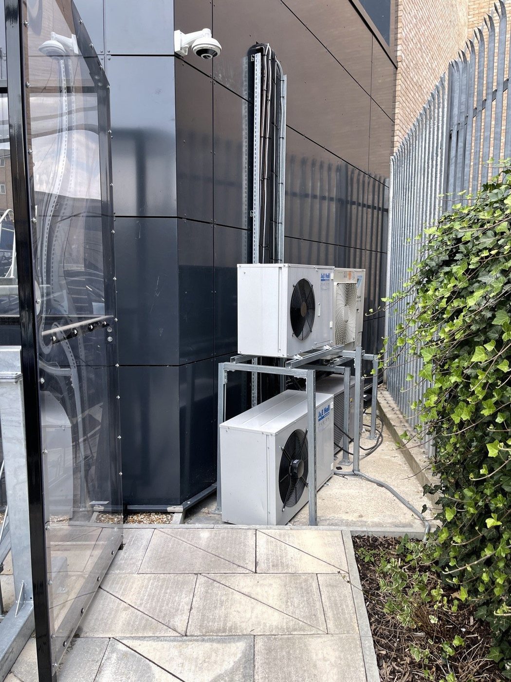J&E Hall condenser units on a galvanised frame, commercial site